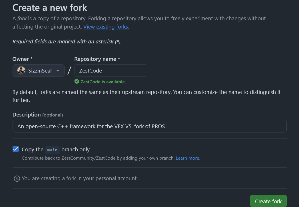 fork creation screen